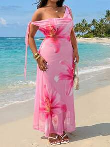 GalTyme Plus Size Floral Print Draped Fitted Summer Sleeveless Dress - Pink - View 6