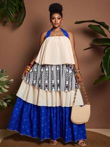 Maweii Beige,Summer,Boho,Vacation,Holiday Strapless Tie Back Bow Backless Ruffle Trim Bustier Top,Geometric Print Polka Dot Multi-Tier Flowy Maxi Dress - Multicolor - View 6