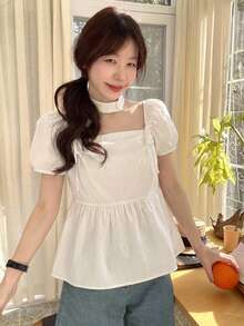 DAZY Áo sơ mi nữ tay ngắn màu trơn buộc dây, kiểu dáng thường ngày, phong cách Hàn Quốc tươi mát mùa hè. - trắng - Xem 4