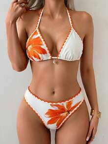 Swim Vcay 女款兩件式比基尼泳衣，掛脖綁帶，花卉印花，時尚休閒度假游泳套裝 - 彩色 - 查看 4