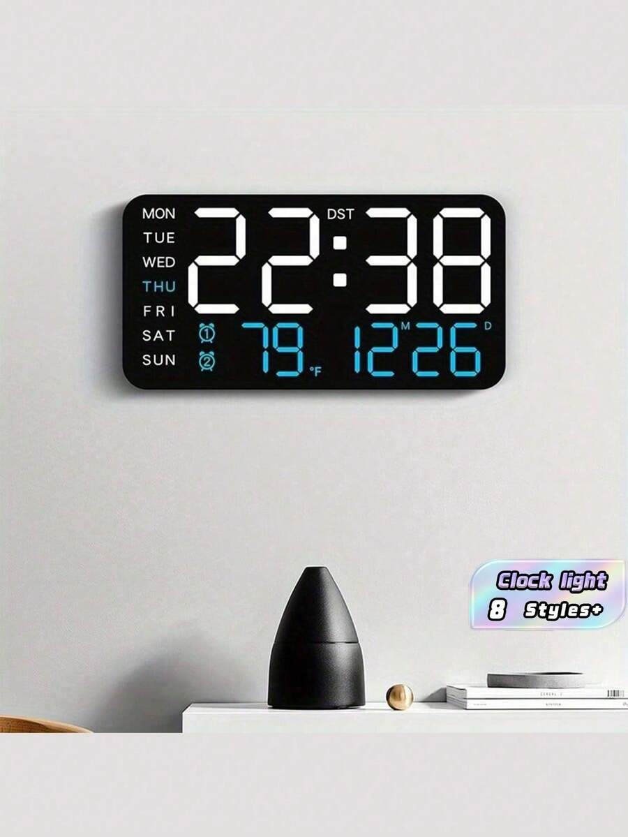 LED Digital Wall Clock With Temperature Display, Date And Weekday - Dual Alarm, 12/24 Hour Format, Perpetual Calendar, Rectangular, Ideal For Bedroom Decor - Battery model - View 1