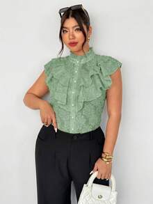 Firerie Camisa de verano de talla grande, elegante, de unicolor, con textura y volantes, con botones delanteros - Verde - Ver 1