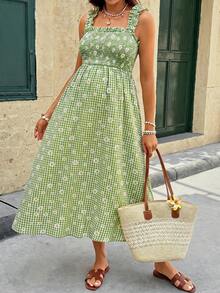 SHEIN Vestido de maternidad con estampado floral a cuadros con función de lactancia, informal para vacaciones y viajes - Verde - Ver 4