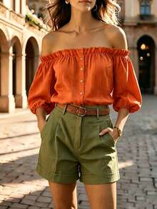 Balvessa New Arrival French Style Off-Shoulder Petal Sleeve Top - Orange - View 5