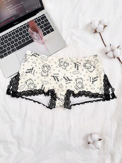 Women's Funny Cartoon Letter Print Lace Trim Boyshort Panties