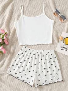 SHEIN Bộ đồ mặc nhà dệt kim thường ngày 3 món cho bé gái tuổi teen, gồm áo hai dây in họa tiết dễ thương, quần dài và quần short. - Màu be - Xem 2