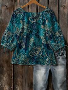 EMERY ROSE Vintage Bohemian Boho Floral Print Round Neck 3/4 Sleeve Woven Shirt Autumn Vacation Office Teal - Multicolor - View 2