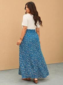 Elaquor Plus Size Women Patchwork Ditsy Floral Side Slit Hem Casual Dress - Royal Blue - View 2