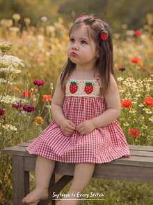 Cozy Pixies Đầm chữ A không tay họa tiết dâu tây móc len cho bé gái, kiểu dáng đồng quê dễ thương, thích hợp cho bé gái đi chơi, dã ngoại, nghỉ mát mùa xuân/hè. - Đỏ - Xem 6