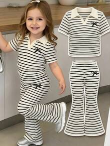 SHEIN Bộ đồ 2 món cho bé gái: Áo polo kẻ sọc và quần ống loe, trang phục thường ngày có họa tiết nơ. - Đen và trắng - Xem 1