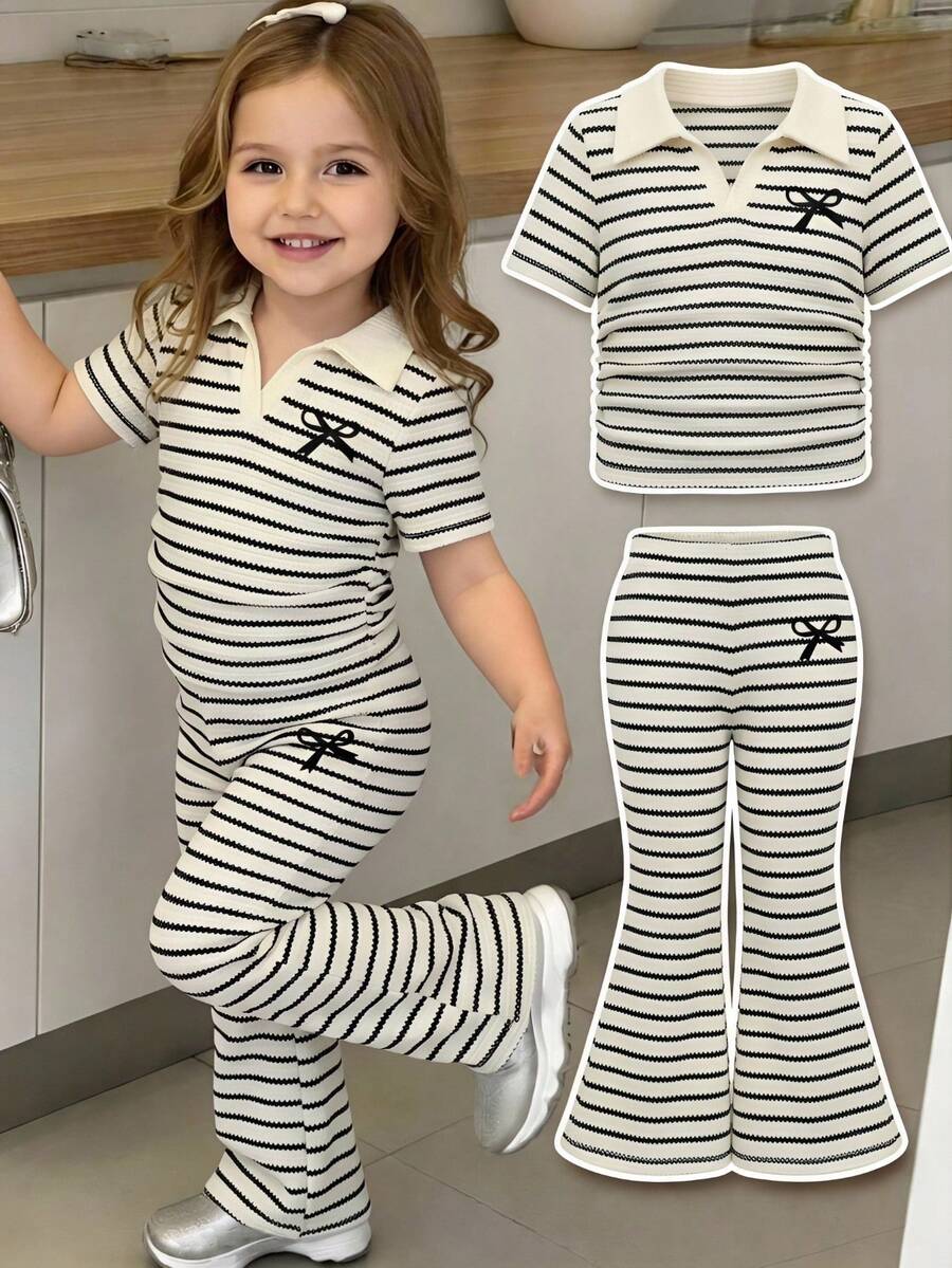 SHEIN Bộ đồ 2 món cho bé gái: Áo polo kẻ sọc và quần ống loe, trang phục thường ngày có họa tiết nơ. - Đen và trắng - Xem 1