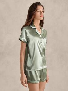 EverLounge Ensemble de pyjama avec lien de contraste en satin - Vert - Voir 5