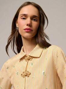 Nöista Loose Blouse With Chinese Style Buttons On Front Opening, In Contrast Red And Fabric Stripes Flower Print. Spring, Summer For Festival - Yellow - View 6