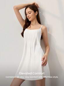 LUVLETTE Áo ngủ nữ màu trắng trơn, kiểu dáng tối giản, chất liệu cotton, xếp ly, dáng rộng, thoải mái, thích hợp mặc ở nhà. - trắng - Xem 8
