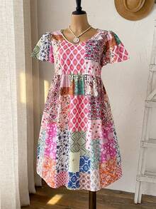 Rusticease Plus Size Women Round Neck Short Sleeve Ruffle Ditsy Floral Dress Summer Outfit For Festival Outfits Beach Vacation Holiday Country Concert Pink - Multicolor - View 5