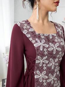Yasmyna Gaun Musim Semi & Musim Panas Elegan dengan Leher Persegi, Kain Bordir Patchwork, dan Pinggang Ramping untuk Wanita - Burgundy - View 3