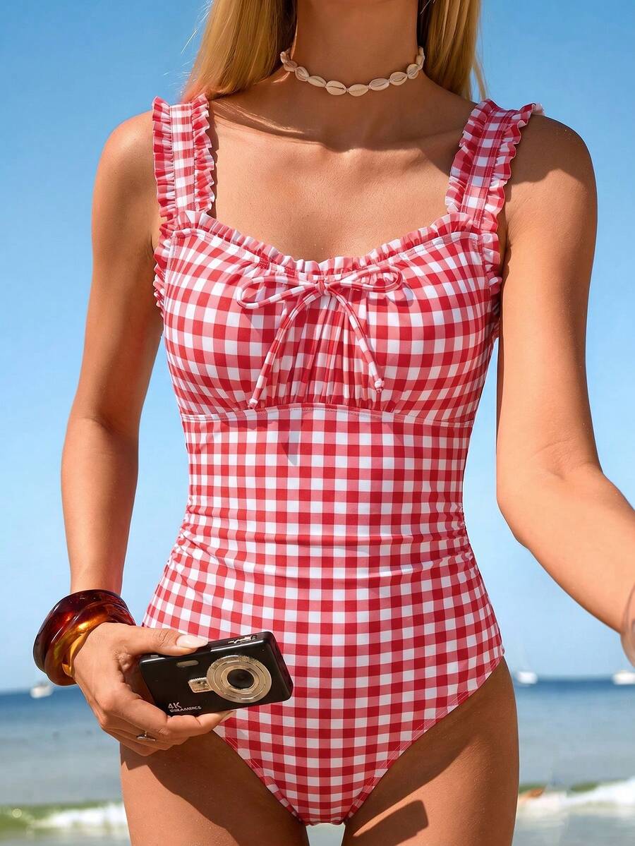 Swim Mod Bộ đồ bơi liền thân màu đen anh đào kiểu retro mới năm 2026 dành cho nữ, dây đeo vai rộng có thể điều chỉnh với bèo nhún dễ thương, phần ngực trang trí nơ, eo xếp ly, phong cách thời trang đi biển cho kỳ nghỉ hè. - Nhiều màu - Xem 1