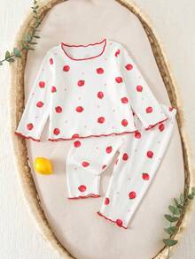 SHEIN 2 Pieces Newborn Cute Cartoon Pattern Ruffled Round Neck Short-Sleeve Knitted Comfortable Fit Pajama Set (Two Pieces) - Multicolor - View 7