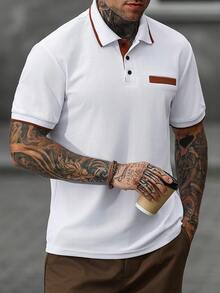 Manfinity Homme 男士白色與棕色對比色短袖 Polo 衫，夏季休閒高爾夫上衣，羅紋領口與假口袋設計，老錢風設計師款，正式 - 白色 - 查看 4
