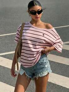 SHEIN EZwear 女款夏季休閒粉色條紋T恤，街頭風學院印花落肩短袖寬鬆上衣，適合城市度假與音樂節 - 彩色 - 查看 5