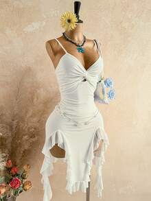Soleia Plus Size Women's Solid Color Asymmetric Hem Twist Camisole Midi Dress - White - View 4