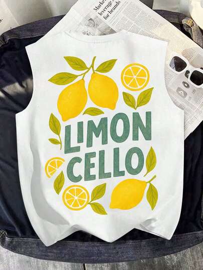 Tween Boys' Casual Minimalist Round Neck Tank Top, Suitable For Summer, Casual & Simple, Vacation Style, Plant & Lemon Print, Loose & Comfortable, Wide Shoulder Round Neck Tank Top, Printed Pattern On Back,Squishy Shorts Summer Tops  Boys Outfit Sets Graphic Tee SummerOutfit  Back To Vintage