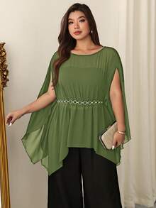 Firerie Plus Size Women's Solid Color Round Neck Cape Sleeve Elegant Blouse Fall - Green - View 3