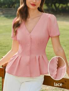 Vintamour Vintage Romantic Classic Elegant Floral Lace Patchwork Fitted Blouse, Dusty Pink Short Sleeve Shirt For Women, Spring/Summer Tea Party - Pink - View 3