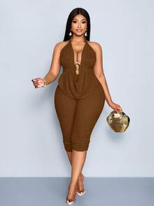 SOLERSUN Women's Plus-Size Chocolate Brown 2 Pcs Halter Top And Six-Inch Pants,Summer Night Out Club Vacation Holiday Beach Knitted Scoop-Neck Clothing - Brown - View 6