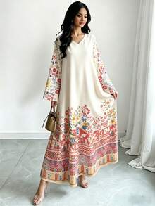 SHEIN Najma Đầm dài tay cổ chữ V in họa tiết hoa và trái tim đối xứng cổ điển màu mơ nhạt, thời trang nữ, trang phục phong cách Ả Rập thanh lịch, đầm maxi dài duyên dáng cho mùa xuân/hè. - Nhiều màu - Xem 4