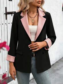 EMERY ROSE Áo blazer tay dài dáng ôm, cài một hàng khuy, phối màu tương phản, thanh lịch, thích hợp mặc công sở. - Nhiều màu - Xem 6