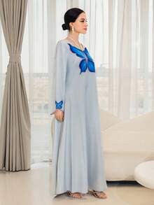 Yasmyna 女士宽松蝴蝶印花长袖阿拉伯风格连衣裙 - 彩色 - 查看 8