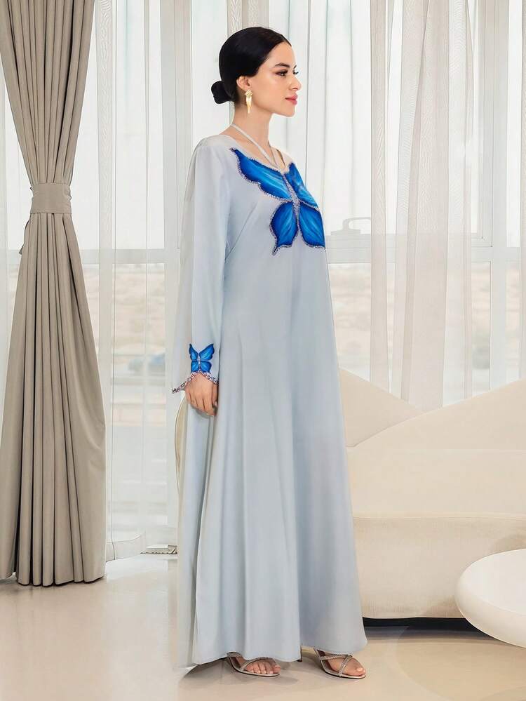 Yasmyna 女士宽松蝴蝶印花长袖阿拉伯风格连衣裙 - 彩色 - 查看 8