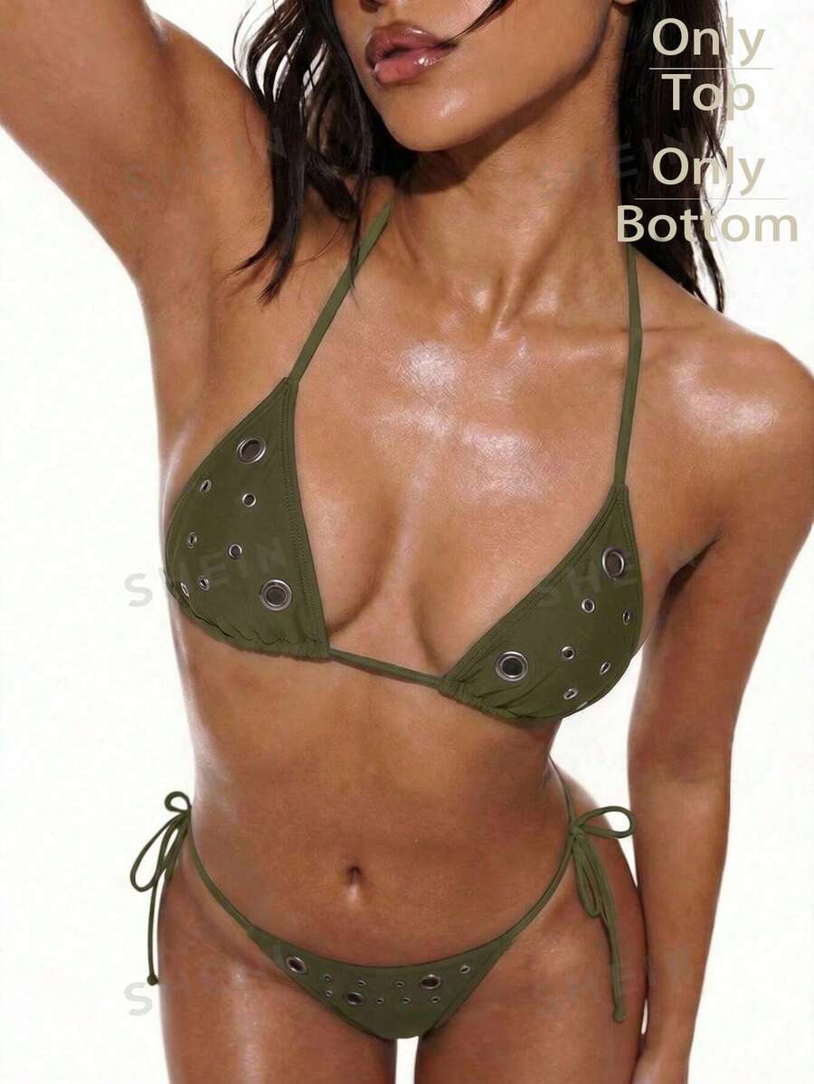 Oceva 女士性感金属扣装饰泳衣上装，适合海滩度假 - 軍綠色 - 查看 1