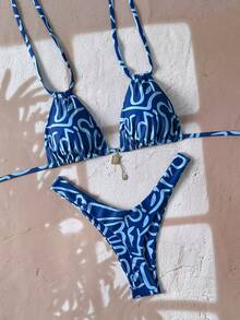 Swim Basics 女士夏季随机花卉印花吊带金属装饰性感比基尼套装 - 彩色 - 查看 4