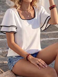 SHEIN Holidaya Áo sơ mi nữ tay ngắn cổ bèo nhún kiểu dáng đi nghỉ mát - Nhiều màu - Xem 4