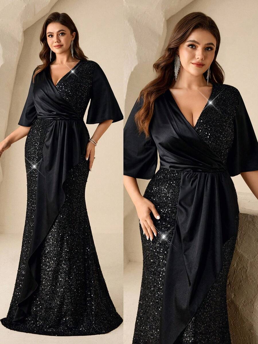 Coutiva Vestido formal de cola de sirena con mangas acampanadas de satén con acentos de lentejuelas negras y cintura drapeada asimétrica - Negro - Ver 1