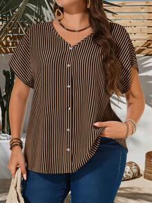 EMERY ROSE Plus Size Women Striped Short Sleeve Single-Breasted Casual Shirt Summer Outfit For Festival Outfits Beach Vacation Holiday Country Concert - Multicolor - View 1