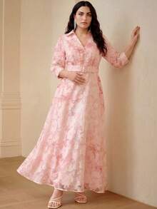 ZEYLAH Vestido largo con cintura ceñida y cuello, elegante para primavera/verano - Rosa - Ver 1