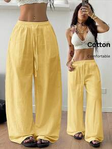 Coolane Trang phục mùa hè dành cho nữ, thích hợp đi xem hòa nhạc, đi biển, phong cách boho cơ bản tối giản, quần trắng 100% cotton đã giặt, ống quần cong. - Màu vàng - Xem 1