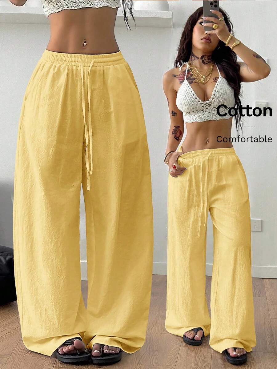 Coolane Trang phục mùa hè dành cho nữ, thích hợp đi xem hòa nhạc, đi biển, phong cách boho cơ bản tối giản, quần trắng 100% cotton đã giặt, ống quần cong. - Màu vàng - Xem 1