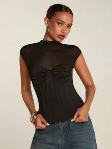 SHEIN BAE Áo croptop lưới xuyên thấu gợi cảm dành cho nữ, thanh lịch cho câu lạc bộ, hẹn hò, tiệc sinh nhật, mùa xuân/hè. - màu đen - Xem 5