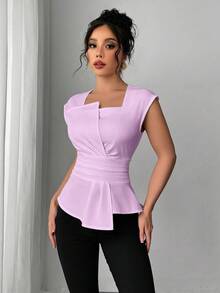 Elenzga Áo sơ mi nữ không tay cổ lệch, kiểu dáng thanh lịch, thích hợp cho công sở, mùa xuân/hè. - Màu tím hoa cà - Xem 4