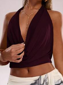 SHEIN BAE Women's Solid Color Plunging Draped Neck Halter Top,Summer Top - Maroon - View 8