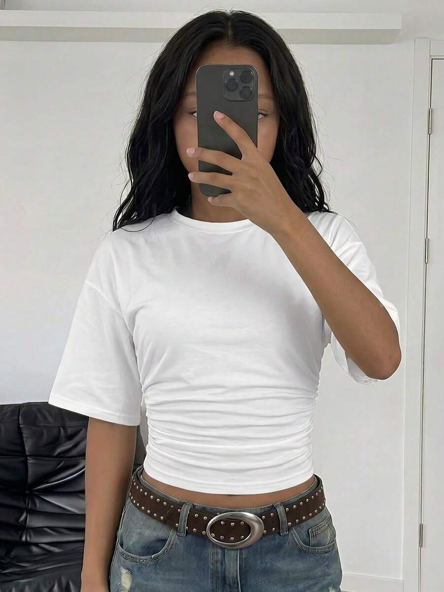 SHEIN Tween女孩新款時尚優雅純色休閒百搭抽褶腰部T恤 - 白色 - 查看 1