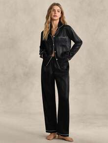 EverLounge Contrast Piping Satin PJ Set / Pajama Set, Fall Winter Clothes Cozy And Elegant Details - Black - View 4