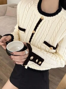 Wynsel Women's Elegant Contrast Trim Button Knit Sweater, Autumn - Beige - View 10