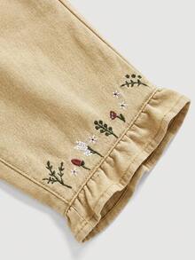 LMoss Kids Quần jeans ống rộng dáng casual cho bé gái, có thêu họa tiết và túi. - Màu Khaki - Xem 3