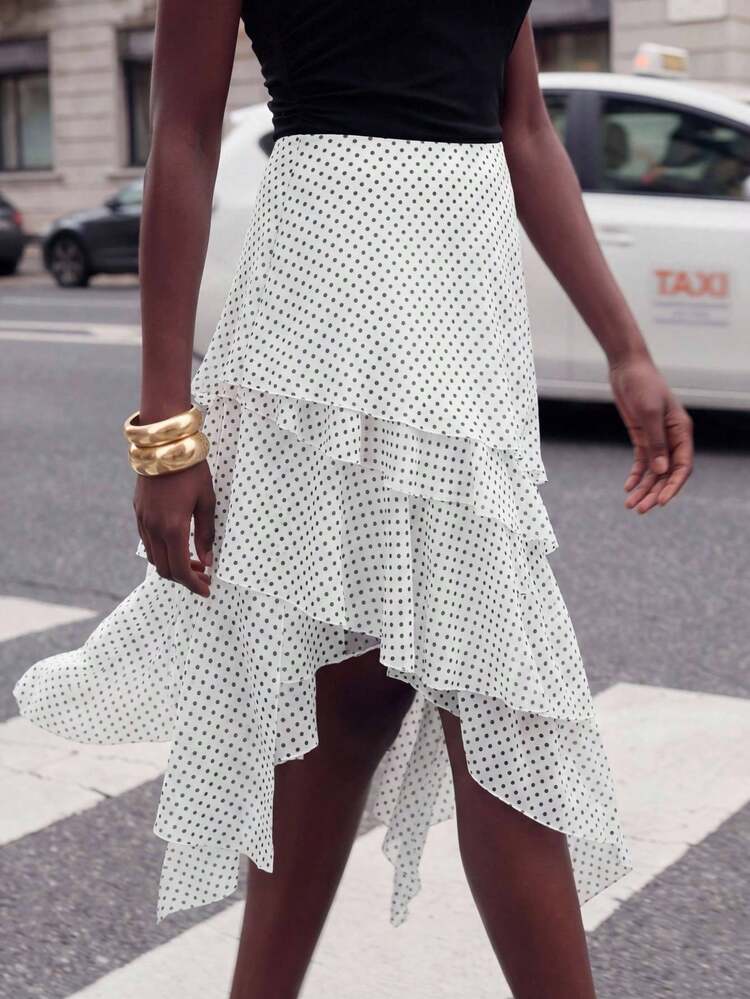 SHEIN Maija Saia Fashionável com Babado Assimétrico e Estampa de Poá para Mulheres