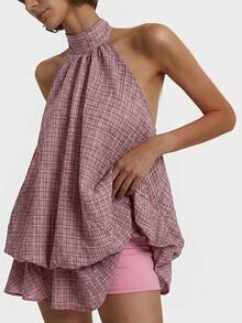 Poéselle Women's Plaid Print Halter Backless Casual Mini Dress - Pink - View 6